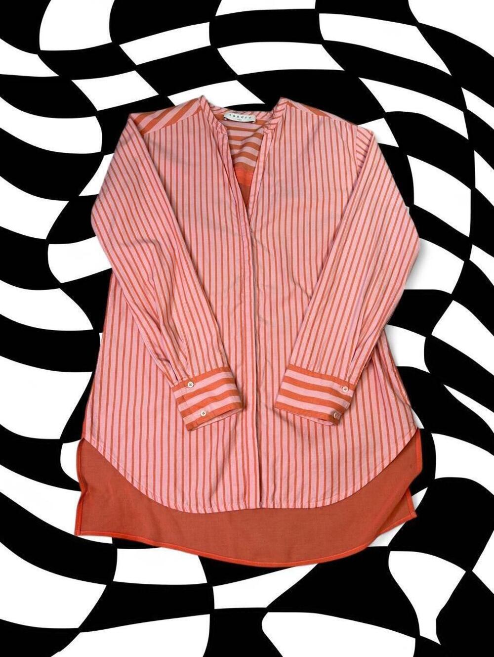 Sandro Paris Pink & Orange Vertical Striped Sheer Hem Blouse Shirt